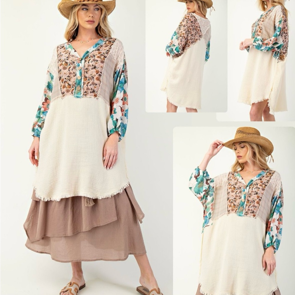Easel Boho Chic Long Sleeve Dress with Floral Patchwork
